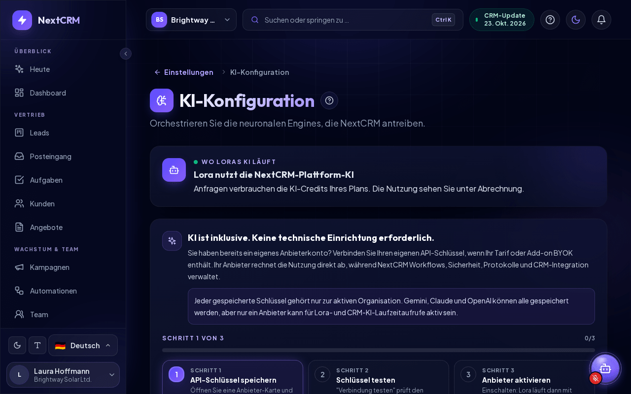 Die Seite KI-Konfiguration mit den vier Anbieter-Karten