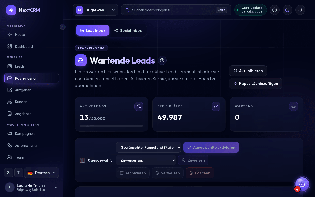Lead Inbox mit wartenden Leads und Kapazitätszählern