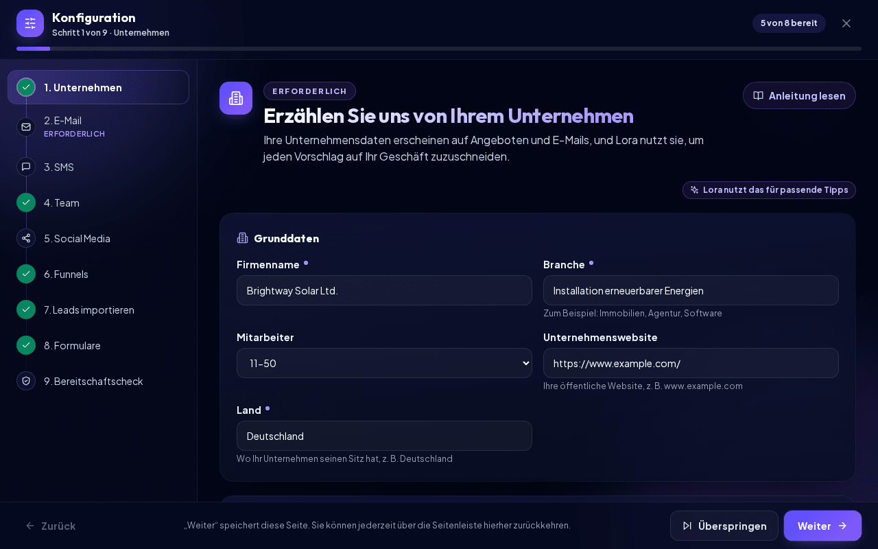 Die Konfiguration mit der Schrittliste links