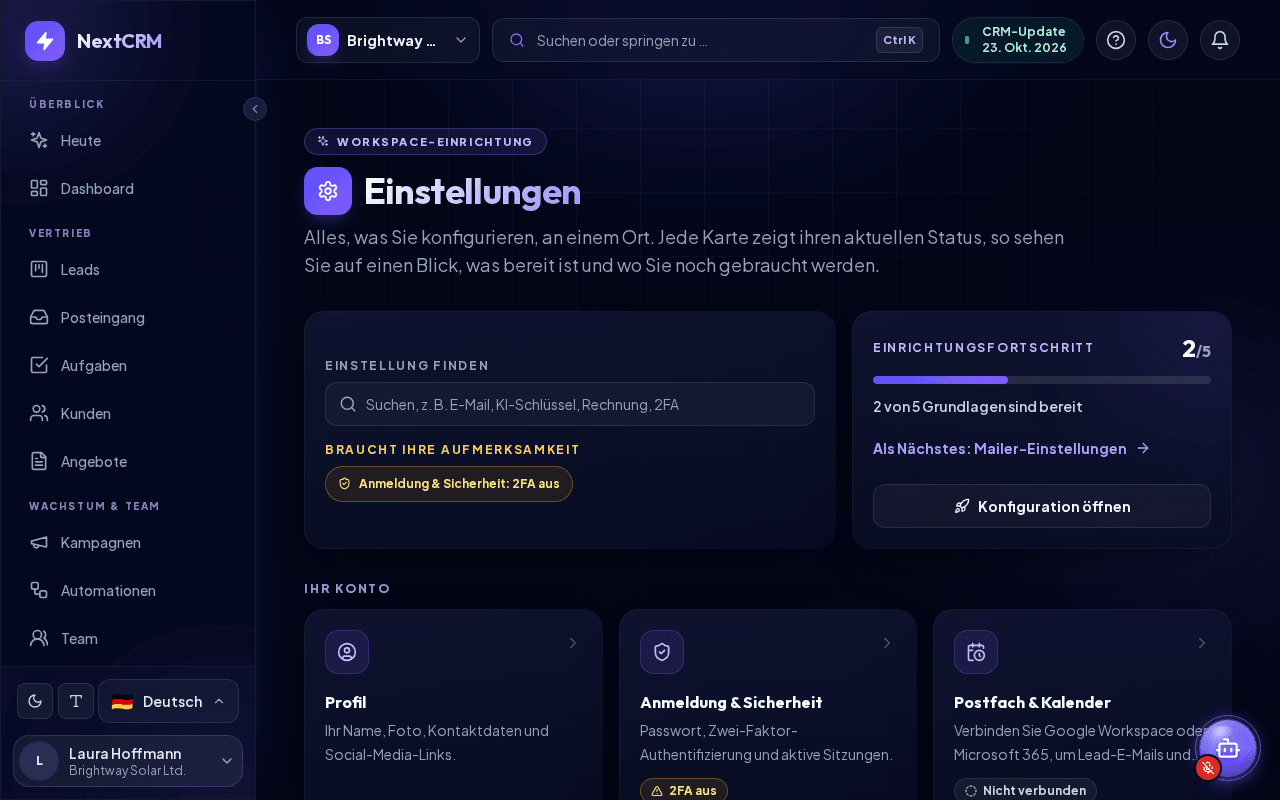 Die Einstellungsübersicht mit aktuellem Status auf jeder Karte