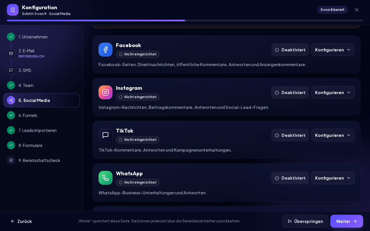 WhatsApp-Karte im Schritt Social Media der Konfiguration