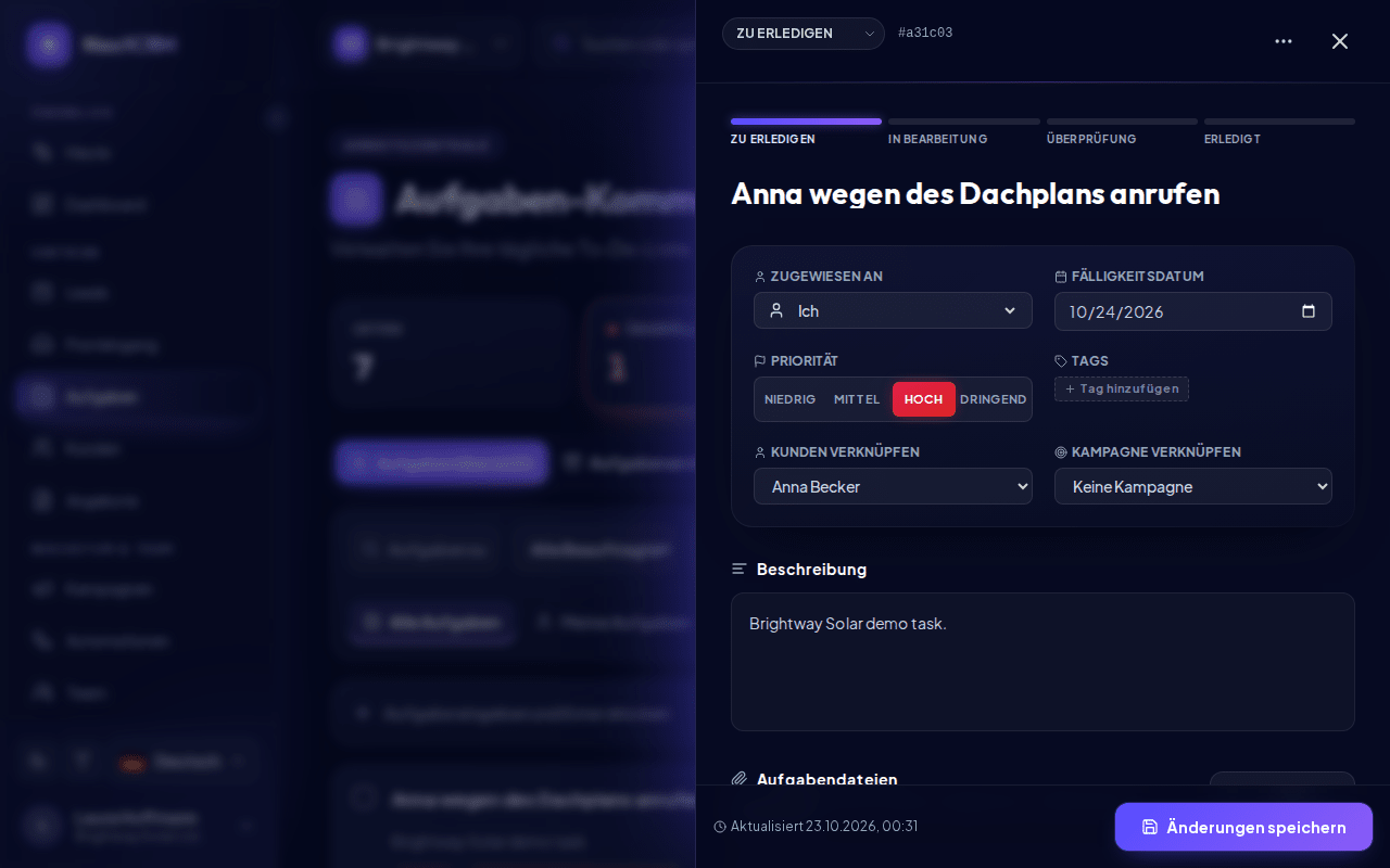 Aufgabendetails mit Dateien und Kommentaren