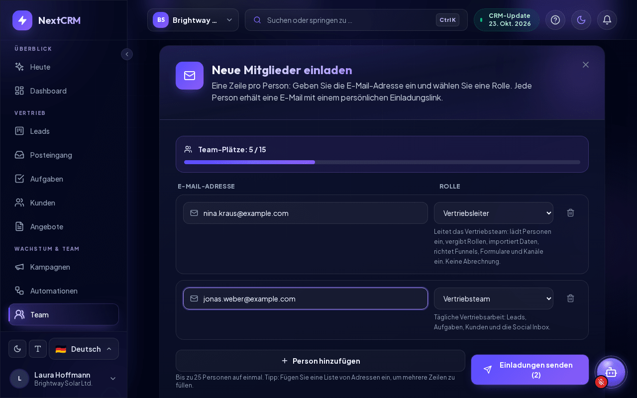 Neue Mitglieder auf der Teamseite einladen