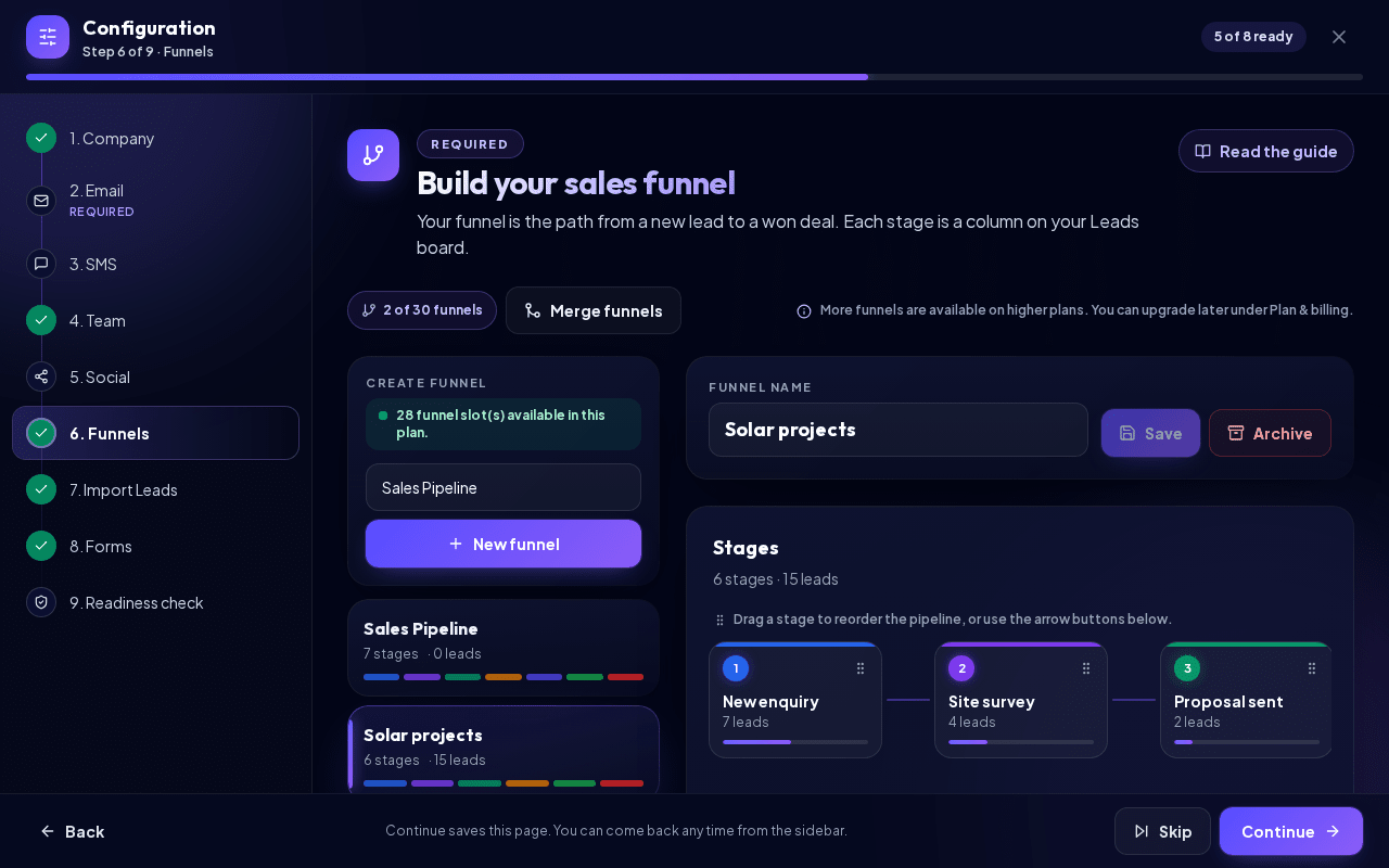 The Funnels step with stages and custom fields