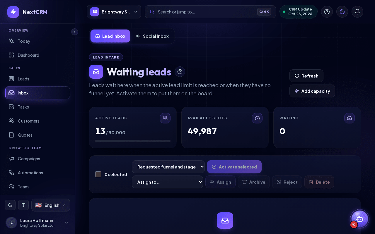 Lead Inbox with waiting leads and capacity counters