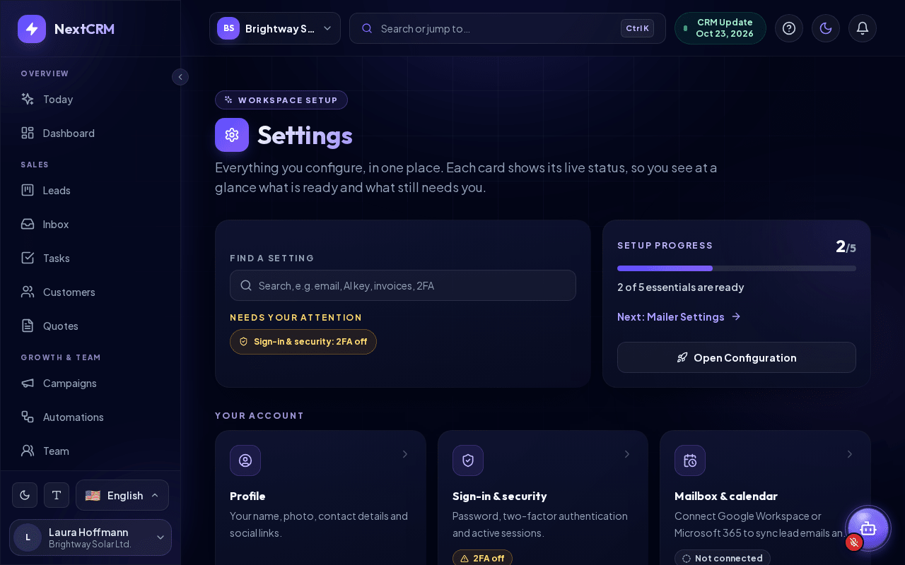 The Settings hub with live status on every card