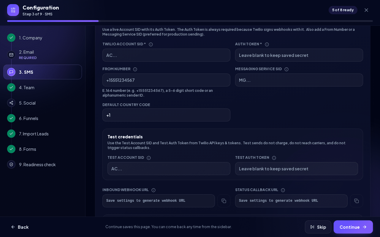 The SMS step with Twilio credentials and webhook URLs