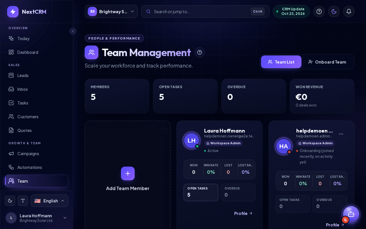 The Team page with role badges