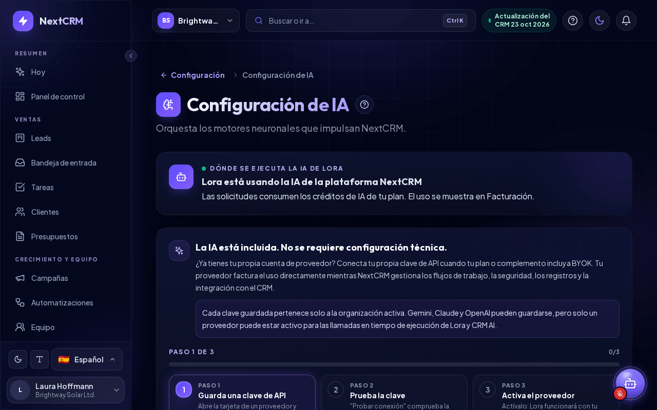 La página Configuración de IA con las cuatro tarjetas de proveedores