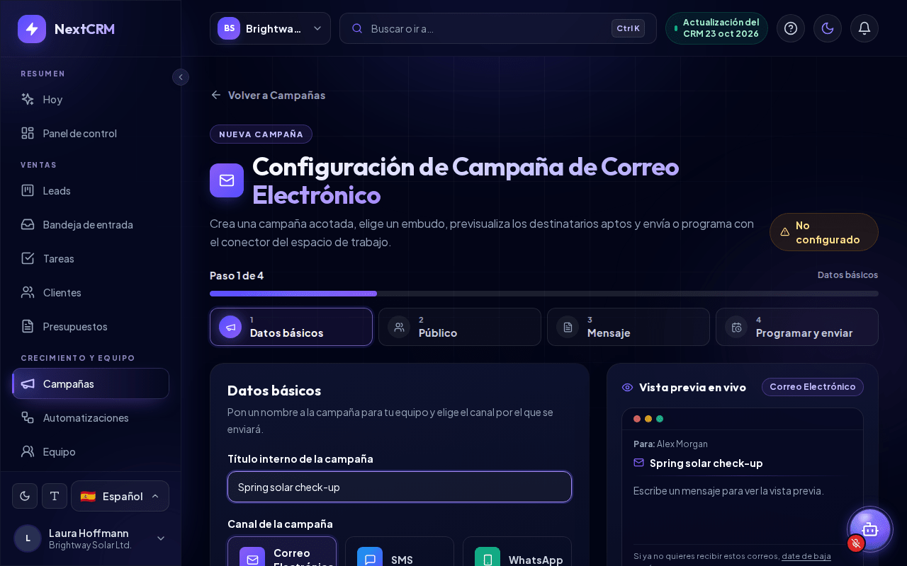 La página de configuración de la campaña de correo electrónico