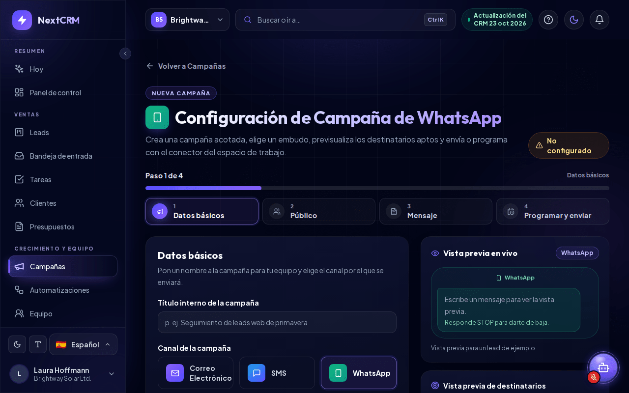 Configuración de una campaña de WhatsApp