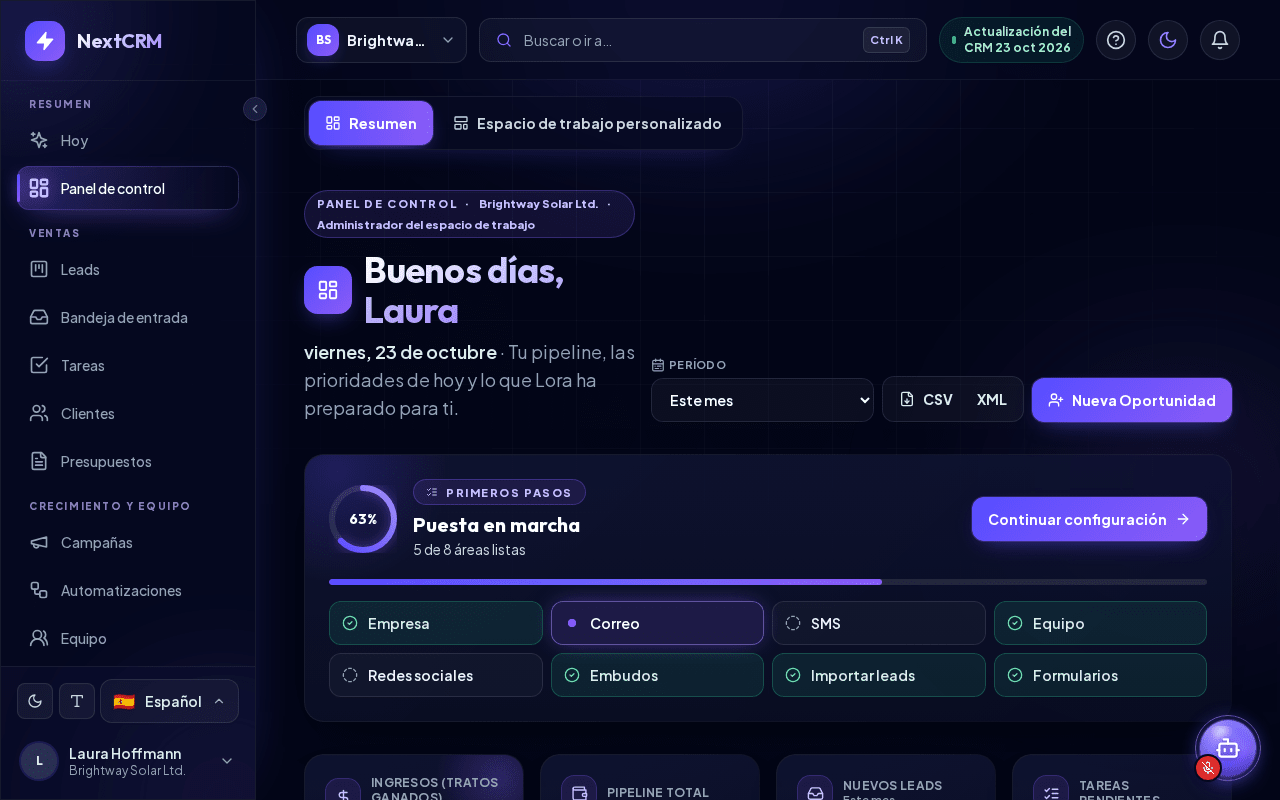 El Panel de control después del primer inicio de sesión