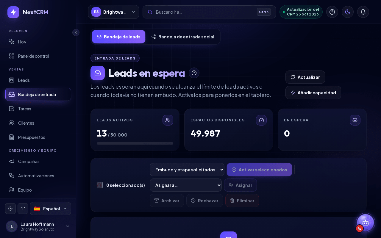 Bandeja de leads con leads en espera y contadores de capacidad