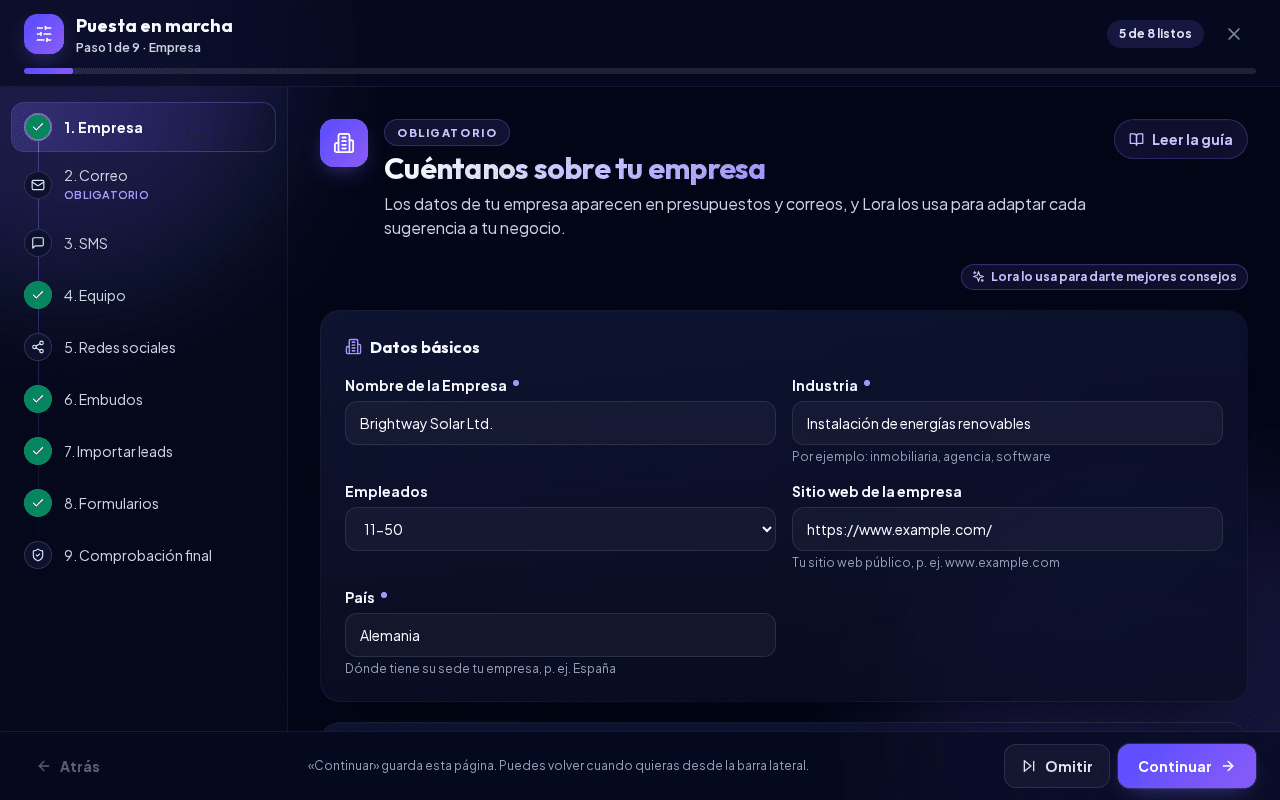 La Puesta en marcha con la lista de pasos a la izquierda