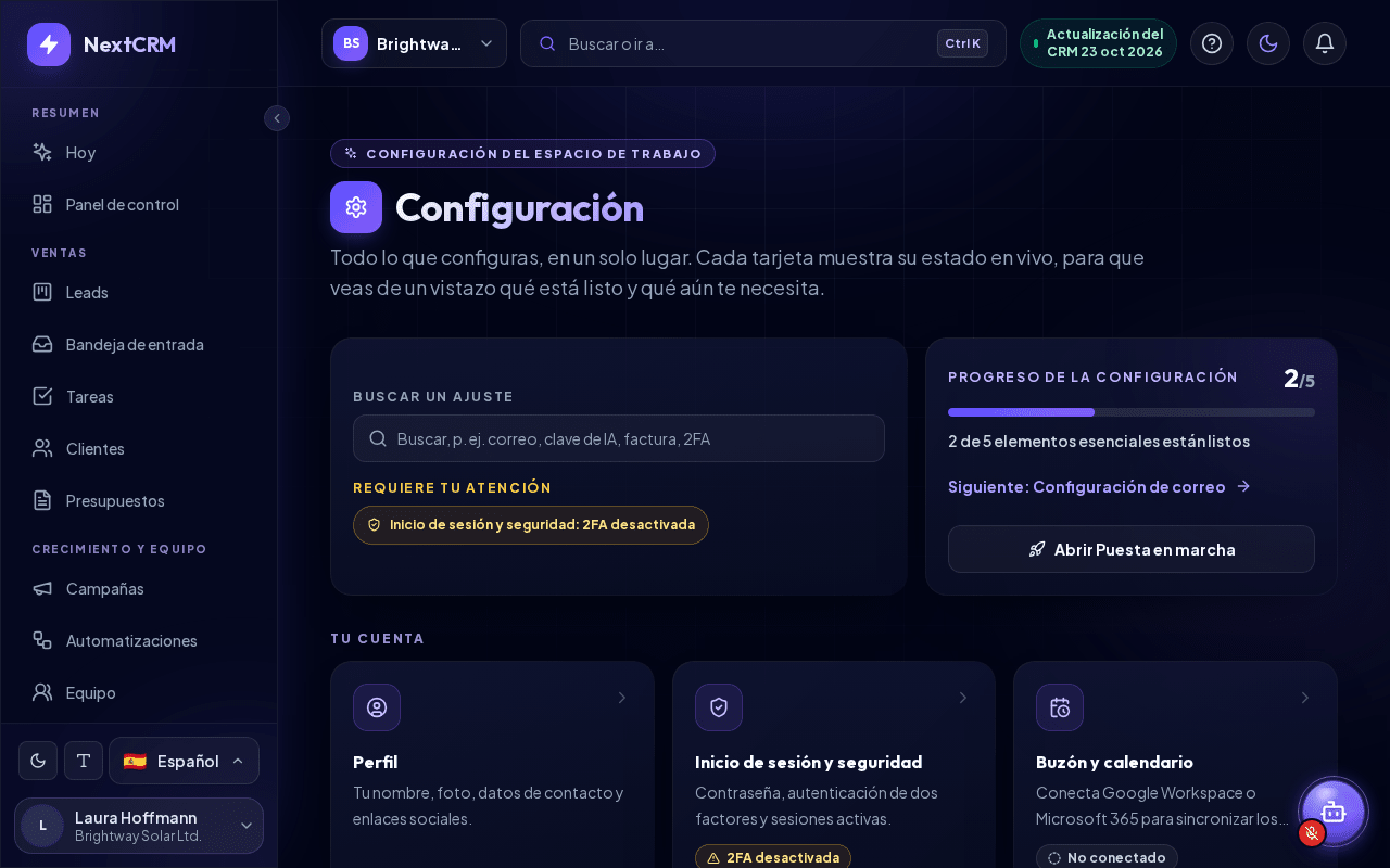 El centro de configuración con el estado en vivo en cada tarjeta