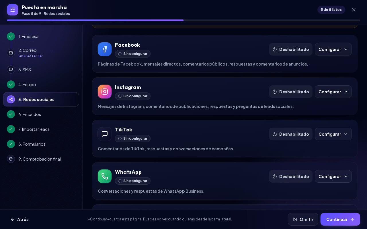 Tarjeta de WhatsApp en el paso Redes sociales de la Puesta en marcha