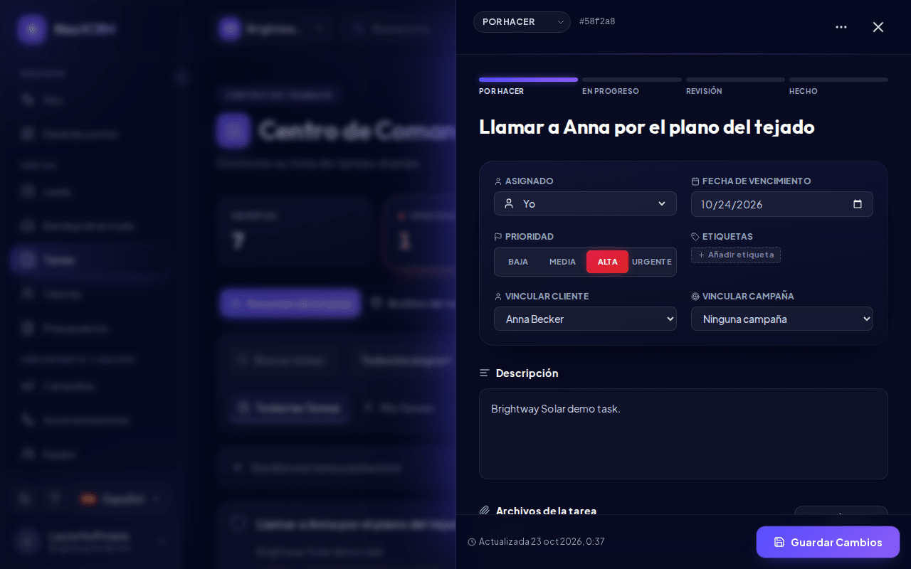 Detalles de la tarea con archivos y comentarios