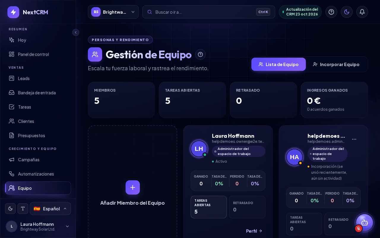 La página Equipo con las insignias de rol