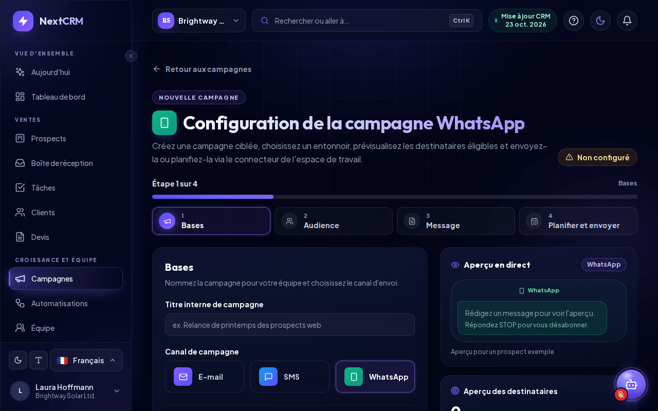 Configuration d'une campagne WhatsApp
