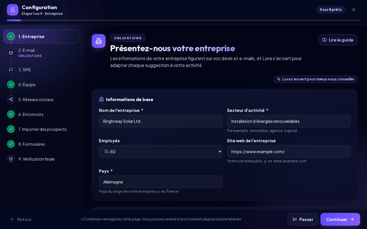 La Configuration avec la liste des étapes à gauche