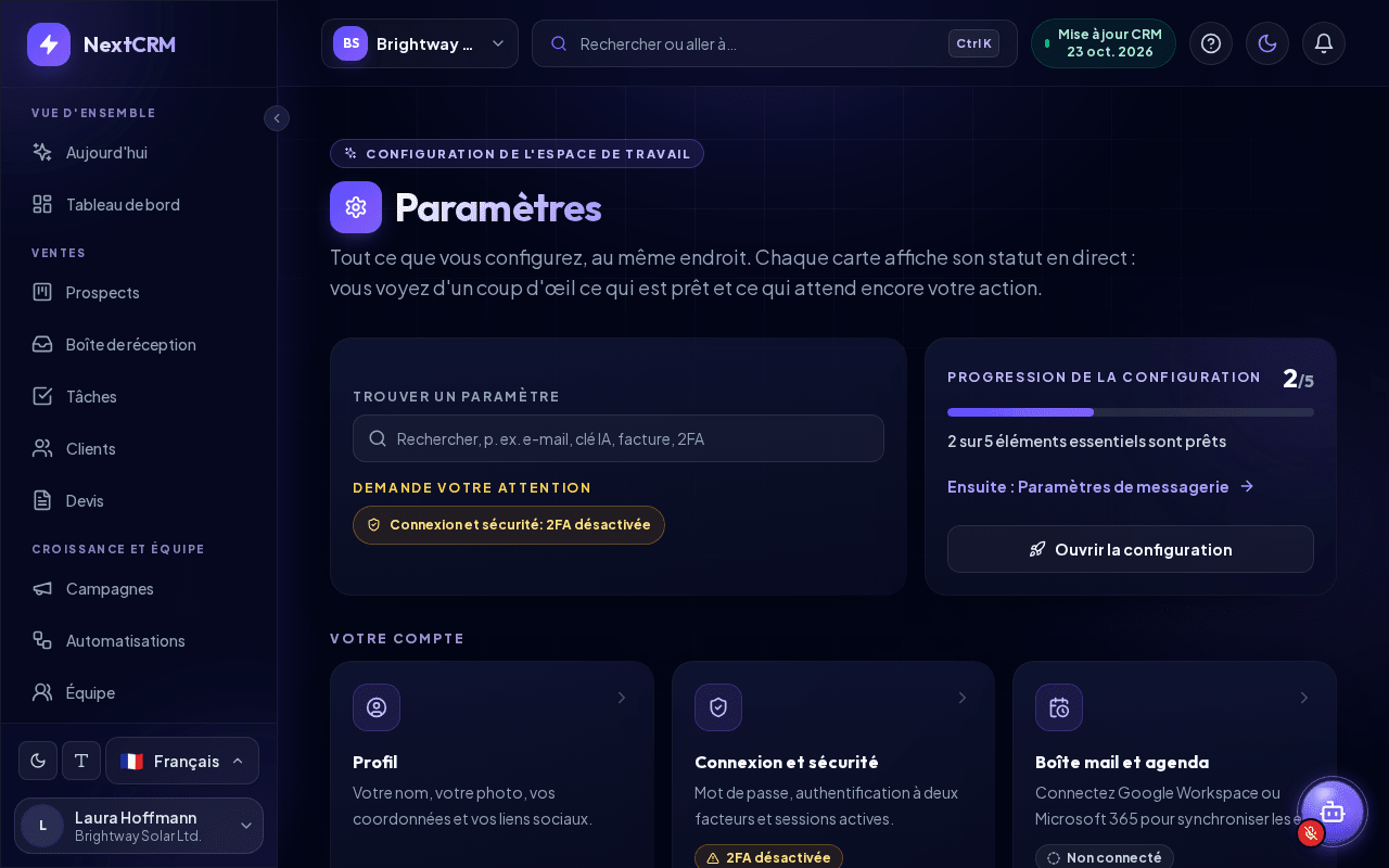 Le hub des paramètres avec l'état en direct sur chaque carte