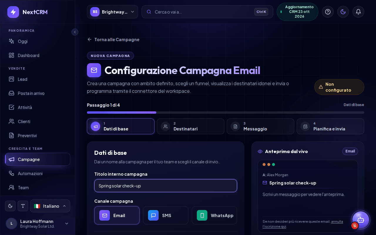 La pagina di configurazione della campagna e-mail