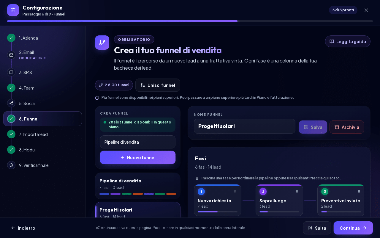 Il passaggio Funnel con fasi e campi personalizzati