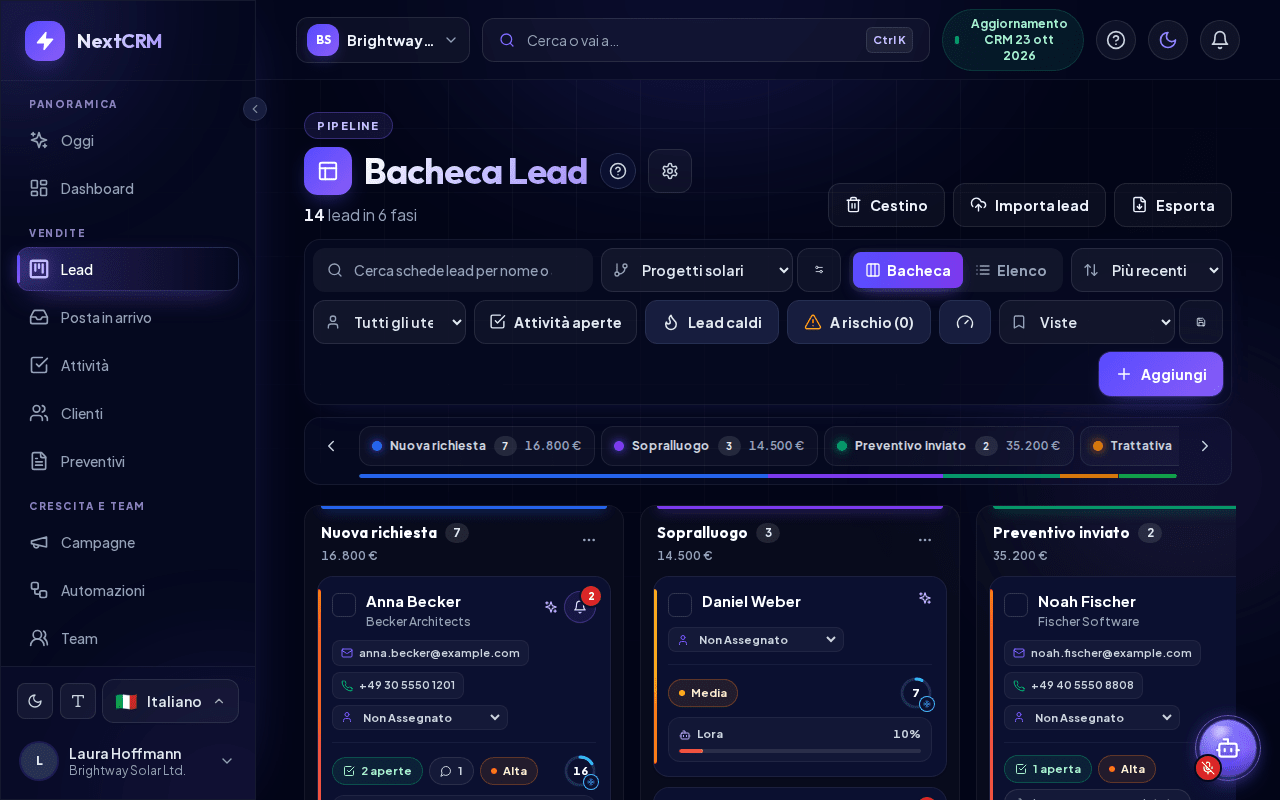 La Bacheca Lead con colonne delle fasi e schede lead