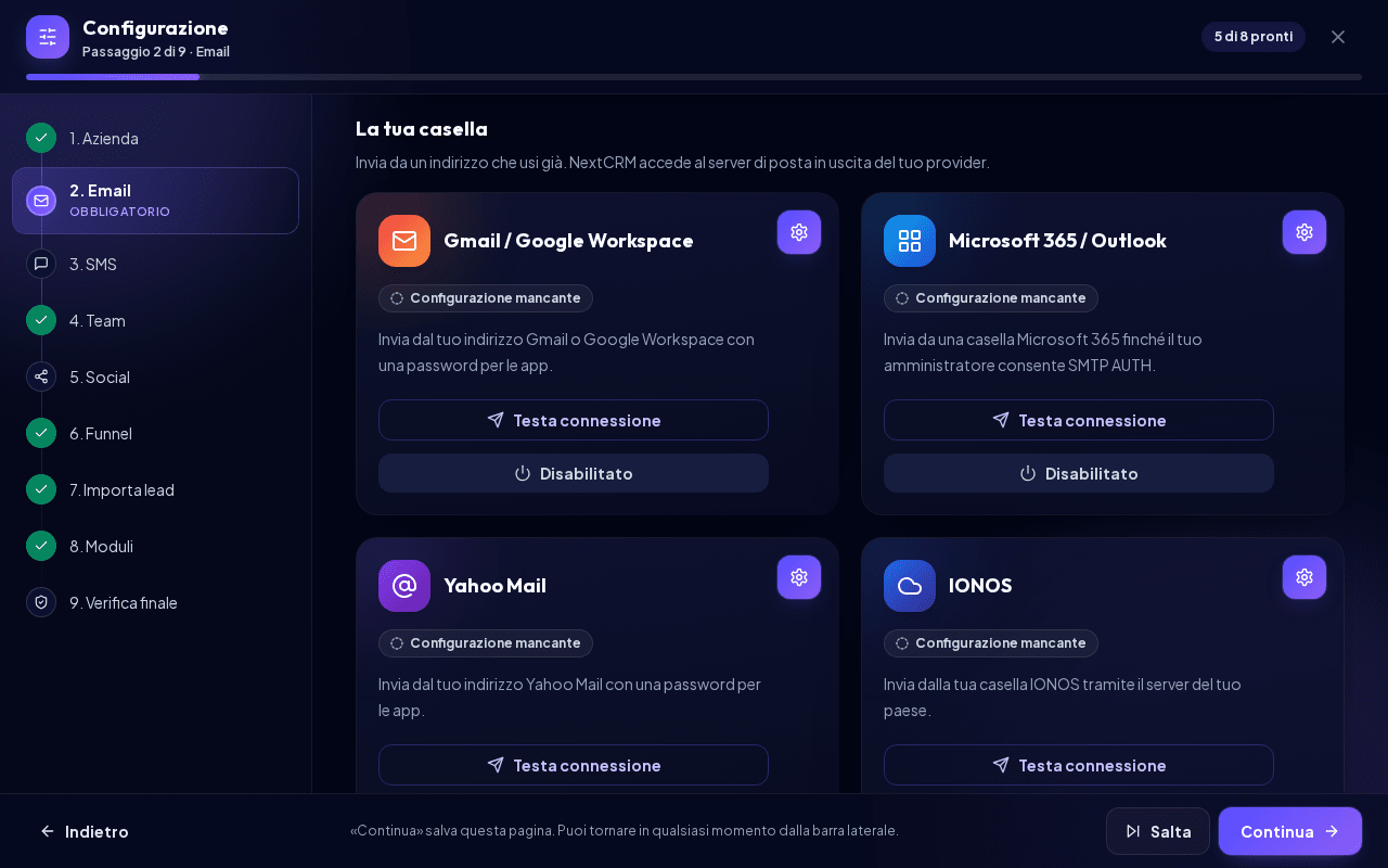 Il passaggio Email con le schede dei provider