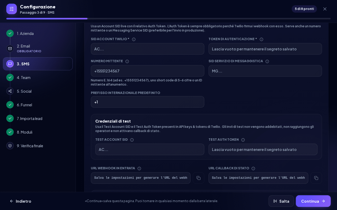 Il passaggio SMS con credenziali Twilio e URL dei webhook