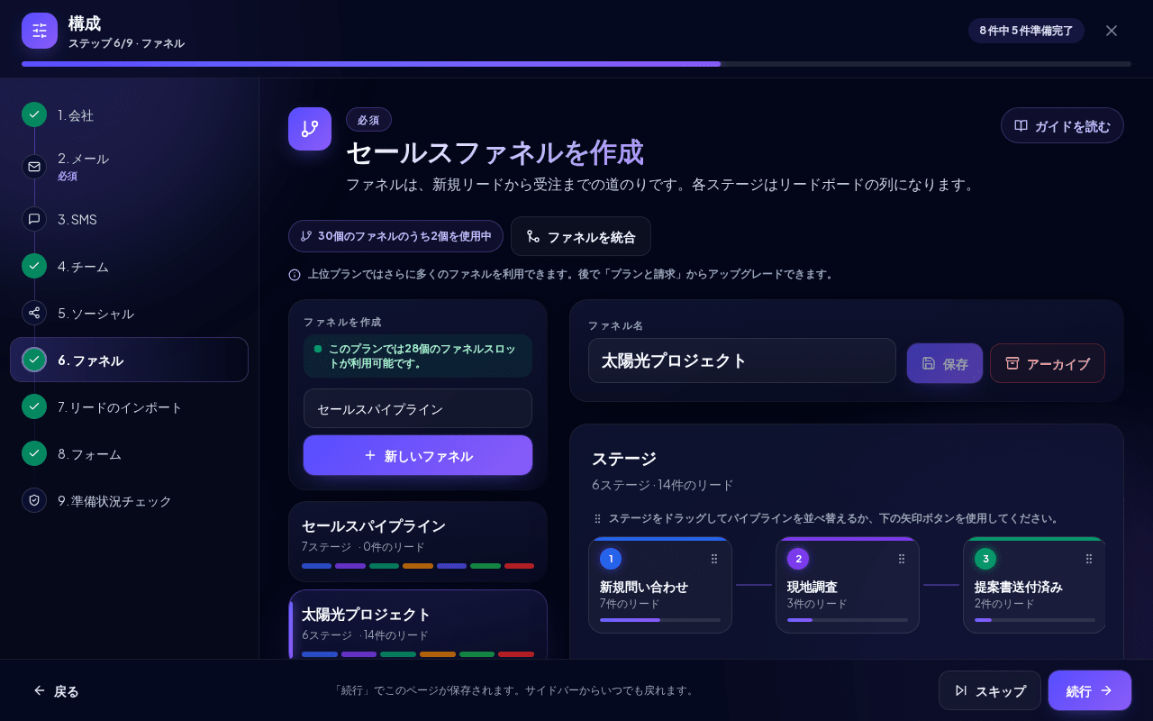 ステージとカスタムフィールドが表示されたファネルステップ