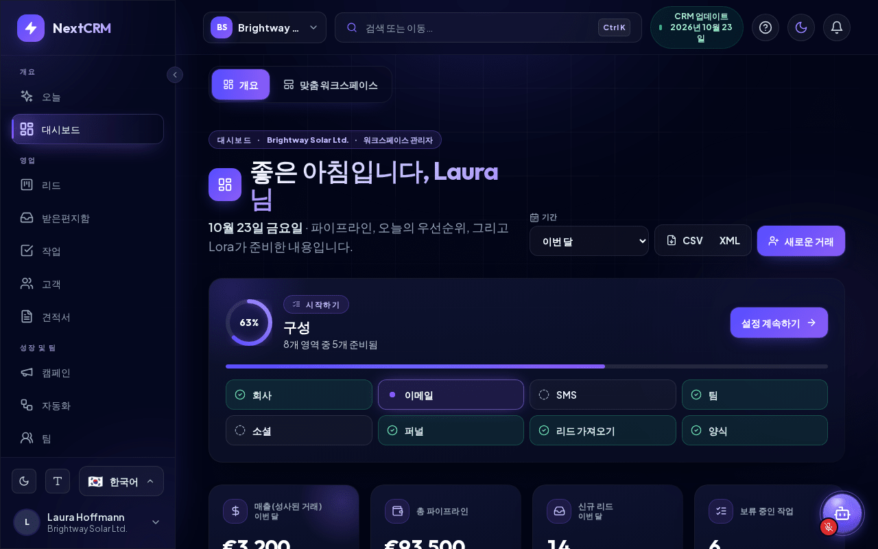 첫 로그인 후의 대시보드