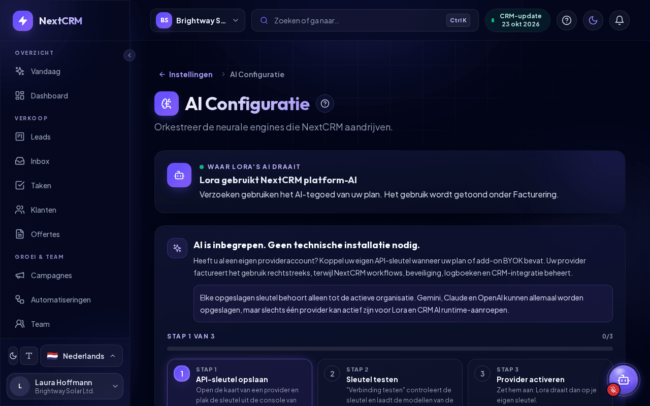 De pagina AI Configuratie met de vier providerkaarten