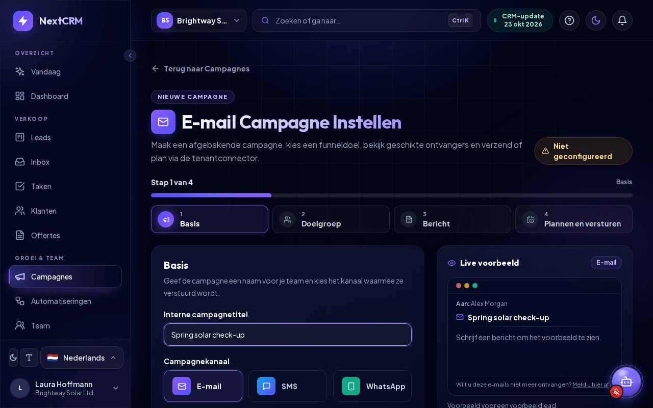 De instellingenpagina van de e-mailcampagne