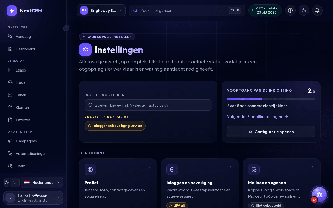 Het instellingenoverzicht met de actuele status op elke kaart