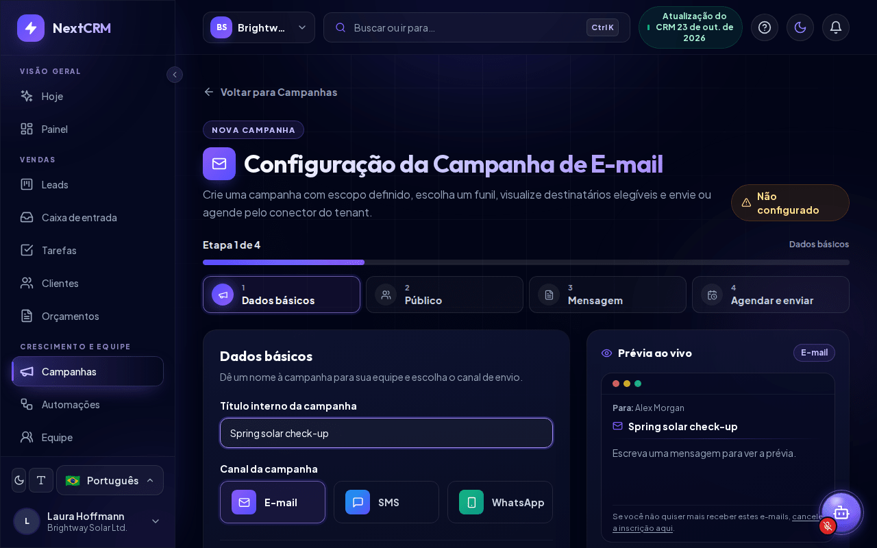 A página de configuração de uma campanha de e-mail