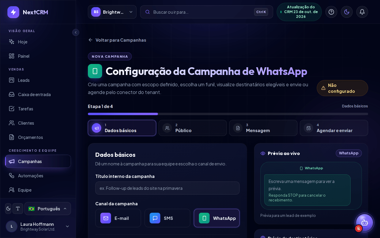 Configuração de campanha de WhatsApp