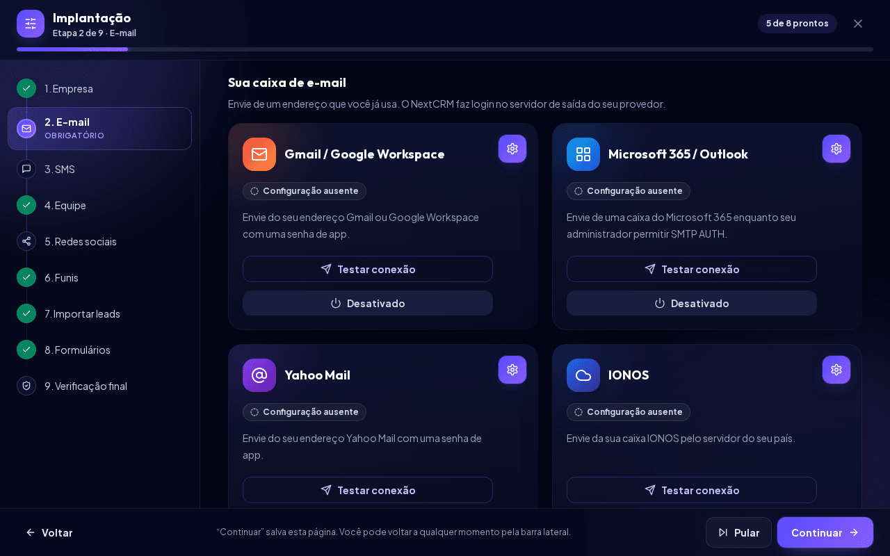 A etapa E-mail com os cartões de provedores