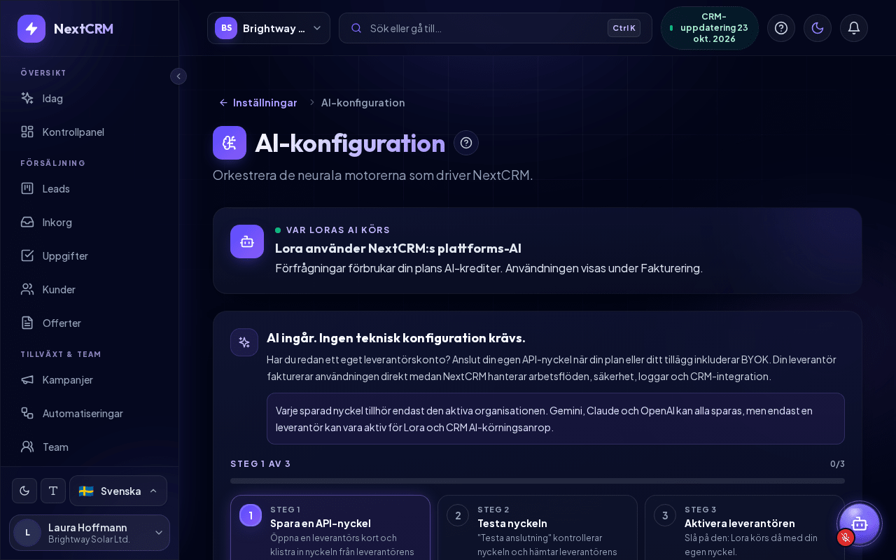 Sidan AI-konfiguration med de fyra leverantörskorten