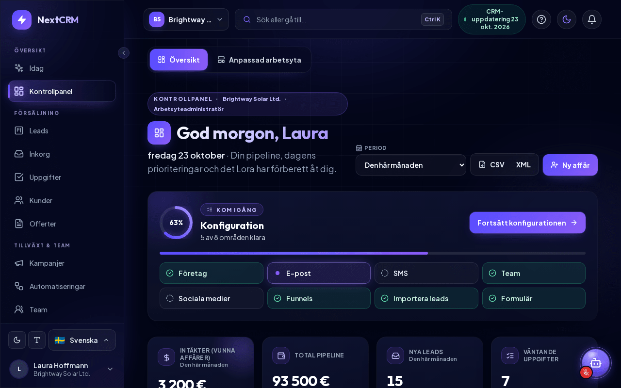 Kontrollpanelen efter den första inloggningen