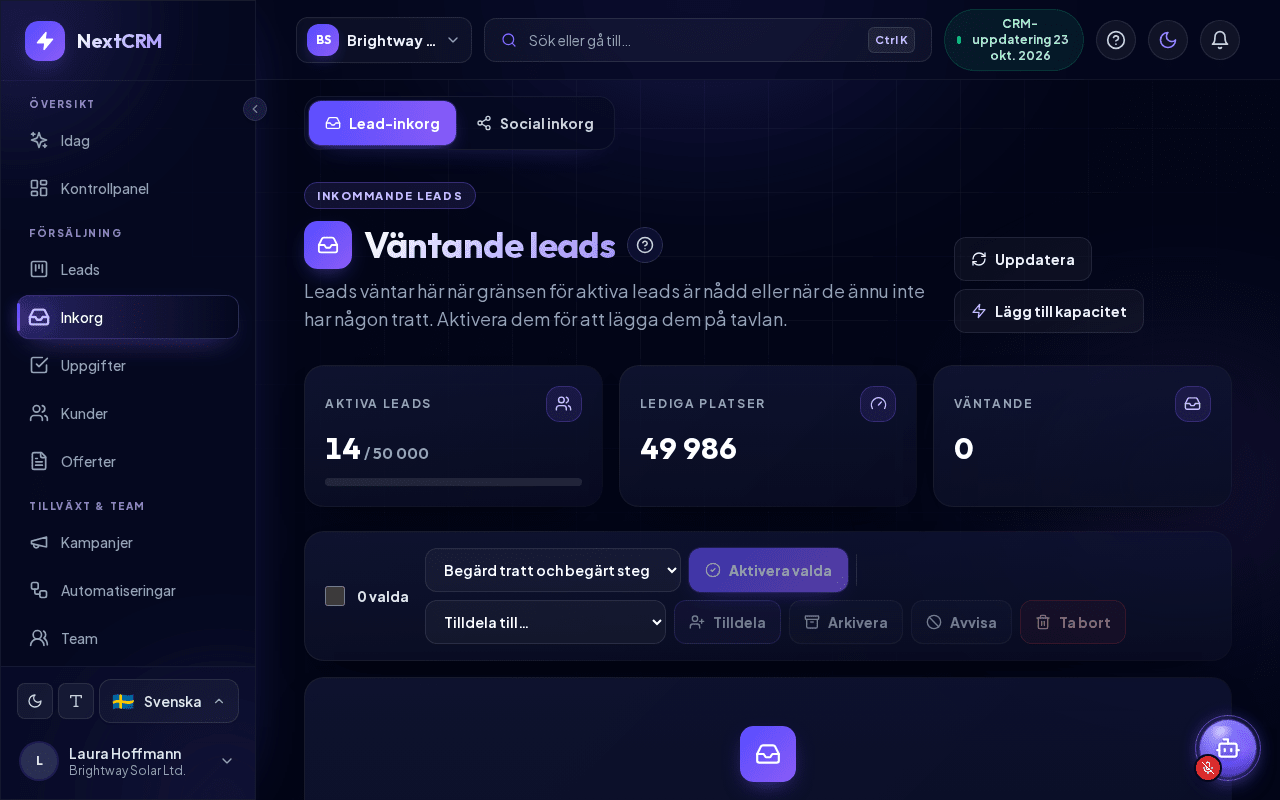 Lead-inkorgen med väntande leads och kapacitetsräknare
