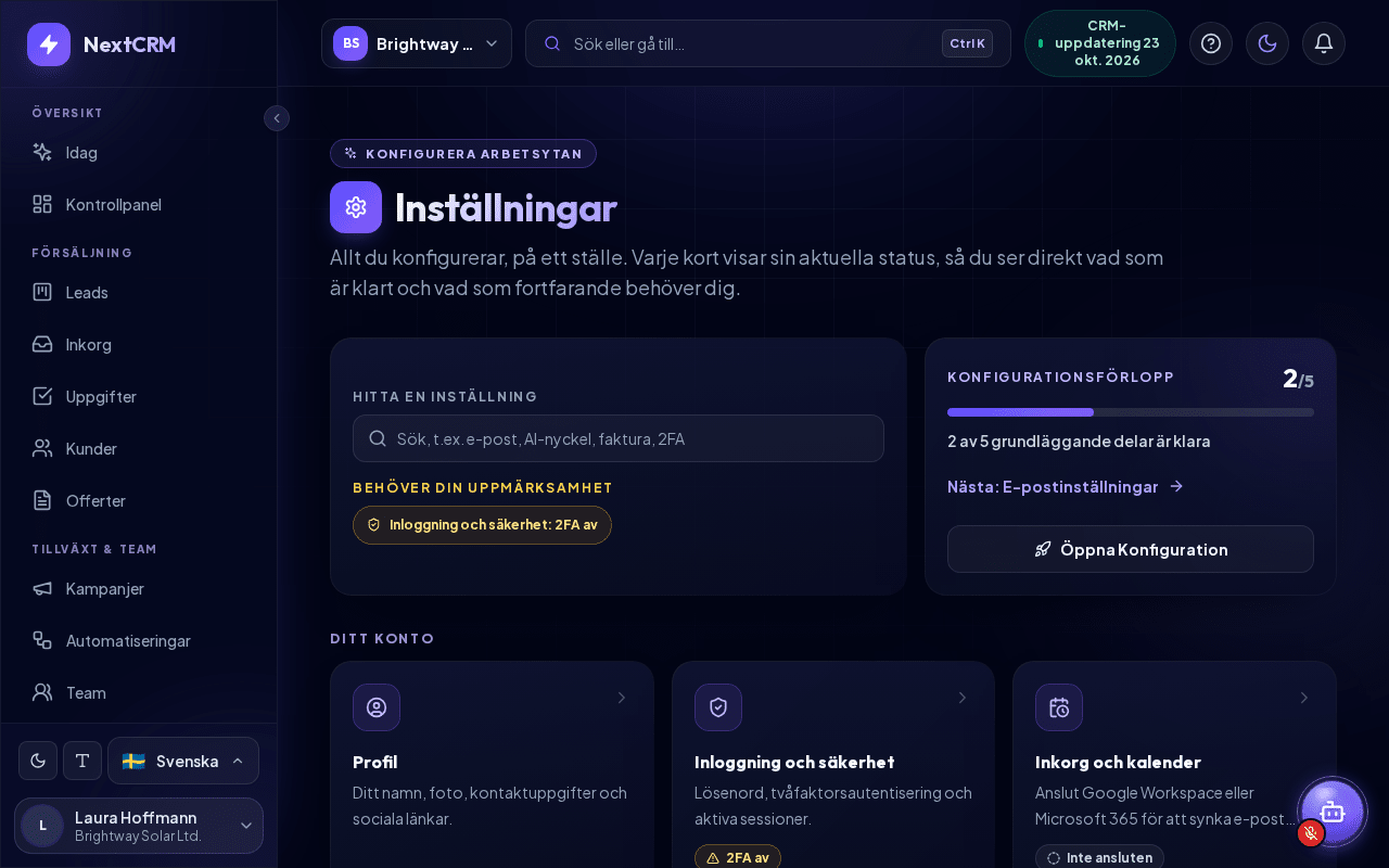 Inställningsöversikten med aktuell status på varje kort