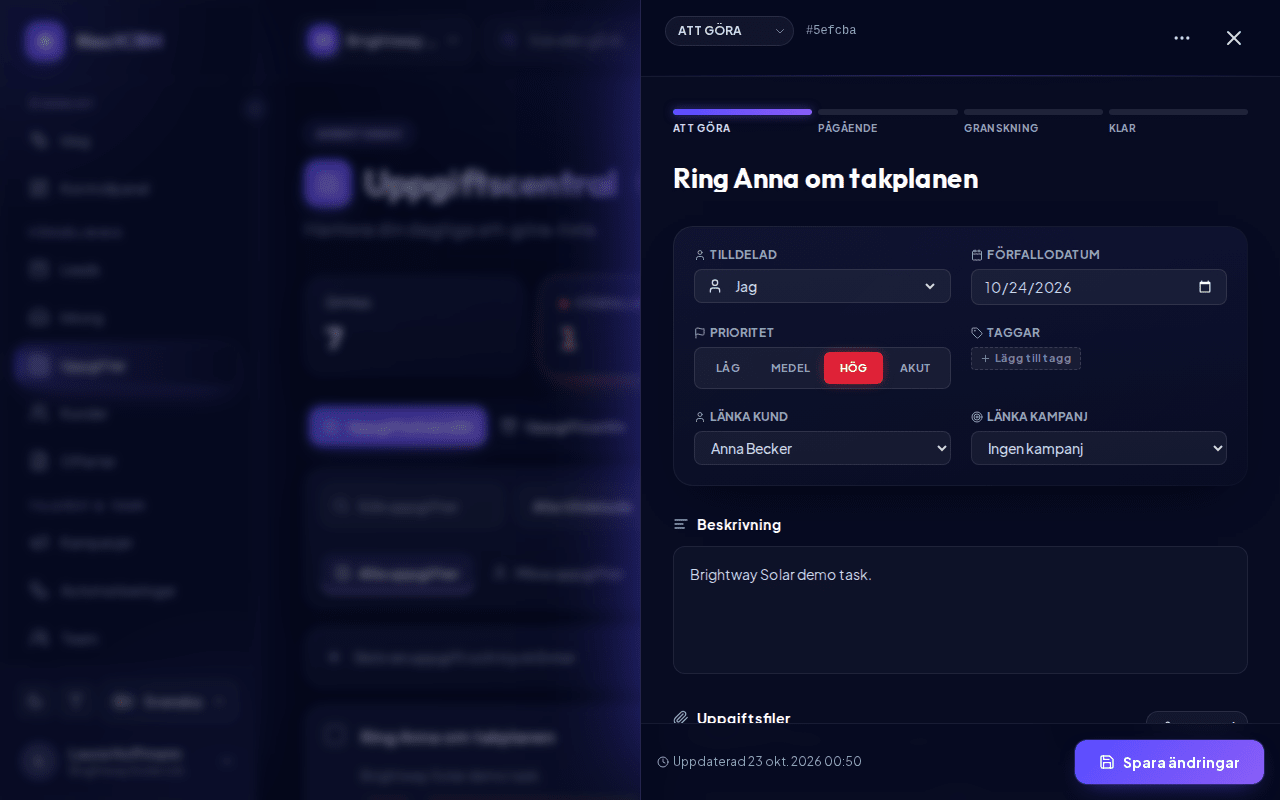 Uppgiftsdetaljer med filer och kommentarer